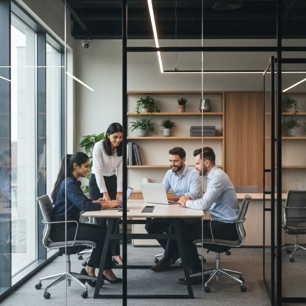 Team of AI legal experts collaborating in a modern office